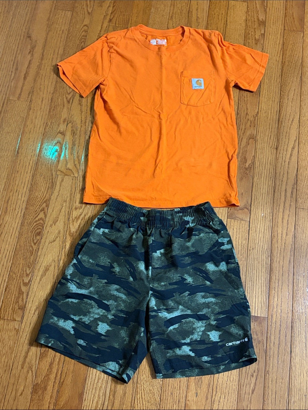 Carhartt Kids Orange Pocket Tee with Green Camo Athletic Shorts Set